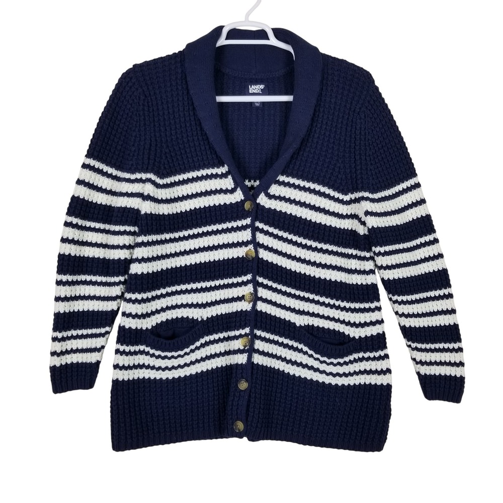 Lands End Cardigan Women 1X Navy Blue White Striped Shawl Collar Cotton Blend